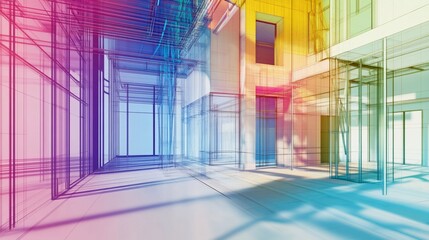 Aufkleber - Architectural visualization of building structure with wireframe lines and color overlay design