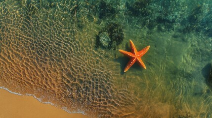 Aufkleber - Bright summer colors illuminate a serene beach where an orange starfish rests atop golden sand. The crystal-clear water reflects natural light, creating a tranquil atmosphere