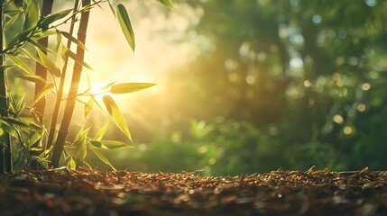 Poster - Sunlit Foliage in Peaceful Forest Landscape at Dawn or Dusk  Rays of warm golden light filtering through lush green leaves and branches creating a serene tranquil and idyllic natural scene