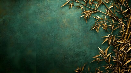 Wall Mural - Ethereal Golden Leaves Cascading Down on Dreamy Emerald Backdrop  Delicate Foliage Arrangement with Radiant Hues Forming a Stunning Natural Composition