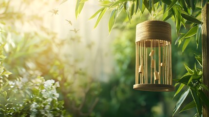Poster - Decorative hanging bamboo cage suspended amidst a lush green natural environment with soft sunlight filtering through the leaves and casting a serene calming atmosphere  Peaceful minimalist