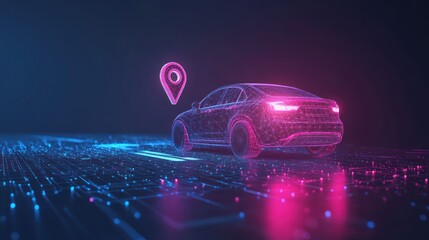 Poster - Futuristic car with GPS location on digital road.