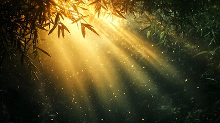 Poster - Magical sunlight beams shining through the lush evergreen forest canopy creating a mystical and enchanted ambiance in the natural woodland setting