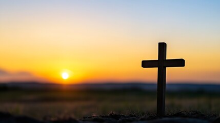 Fototapete - Symbolic Wooden Cross Against Beautiful Sunset Sky Displaying Faith and Hope : Generative AI