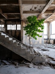 Aufkleber - Lone Green Tree Growing in Abandoned Industrial Space with Weathered Architecture : Generative AI