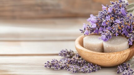 Poster - Lavender flowers and organic soap arranged naturally on rustic wooden background : Generative AI