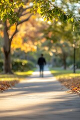 Poster - A Soft Sunset Glow Illuminates a Walkway Framed by Autumn Leaves : Generative AI