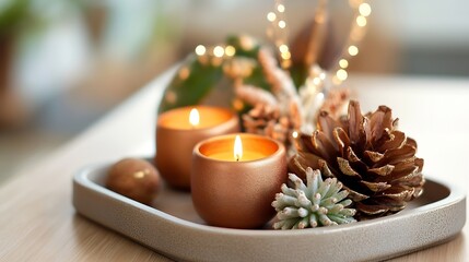 Poster - Stylish decorative arrangement of candles pinecones and ornaments on a wooden table : Generative AI