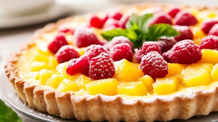 Aufkleber - Delicious Fruit Tart with Raspberries and Mango Garnished with Fresh Mint for a Sweet Dessert Treat : Generative AI