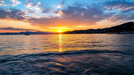 Aufkleber - Stunning sunset over calm sea reflecting vibrant colors during twilight : Generative AI
