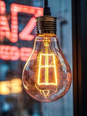 Aufkleber - Vintage Light Bulb Shining Brightly Against an Urban Environment with Neon Signs : Generative AI