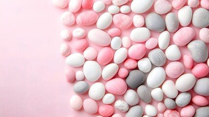 Poster - assorted smooth pebbles and stones in pastel pink white and grey shades arranged on a plain backgrou