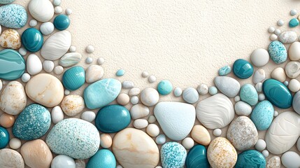 Poster - Tranquil Pebbles and Stones Arranged on a Coastal Shore Serene Natural Backdrop for Zen Meditation Relaxation and Wellness  Soothing Calming and Minimalistic Spa Like Atmosphere