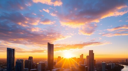 Poster - Stunning Sunset Over City Skyline with Vibrant Clouds Illuminated by Evening Light : Generative AI