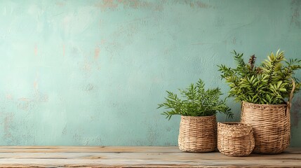 Poster - Assortment of lush green potted plants displayed in natural wicker baskets on a simple wooden tabletop with a minimalist neutral toned backdrop  The earthy organic composition creates a serene