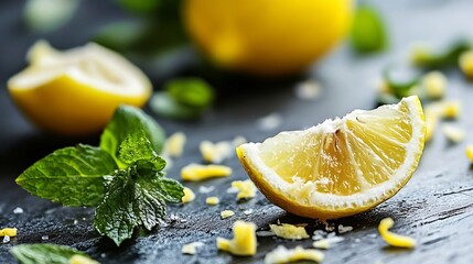 Poster - Freshly Cut Lemons Segments and Zesty Green Mint Leaves on Rustic Black Background : Generative AI