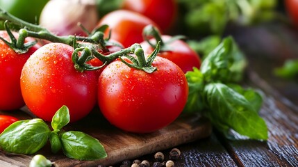 Poster - Fresh Red Tomatoes with Basil Leaves on Rustic Wooden Table for Culinary Use : Generative AI
