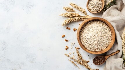 Aufkleber - Natural Ingredients and Healthy Oats Displayed in Rustic Bowls on Light Background : Generative AI