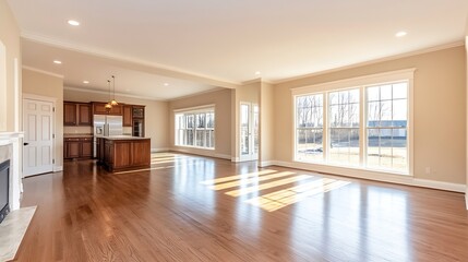 Wall Mural - Spacious and bright modern kitchen with wooden cabinets and large windows : Generative AI