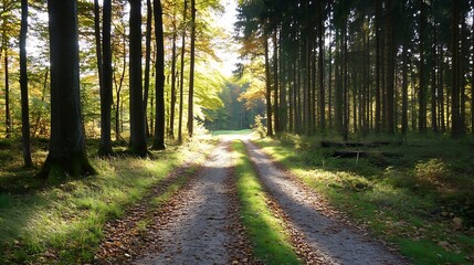 Aufkleber - Scenic Autumn Pathway Through Lush Green Forest with Sunlight Streaming Through Trees : Generative AI