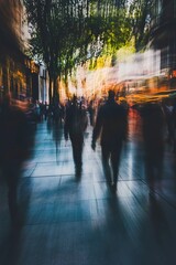 Poster - Dynamic City Street Scene With Blurred Figures Representing Urban Life : Generative AI