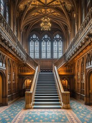 Poster - Stunning Interior of Historic Mansion Featuring Grand Staircase and Beautiful Stained Glass Windows : Generative AI