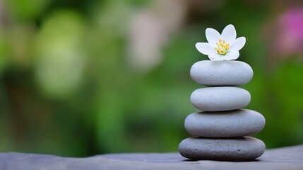 Fototapete - Zen Stone Stack with White Flower and Soft Green Background : Generative AI