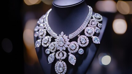 Poster - Elegant Luxury Jewelry Necklace Displayed in Soft Focus with Sparkling Gems : Generative AI