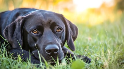 Aufkleber - Majestic Black Labrador Dog Relaxing on Green Grass in Natural Light : Generative AI