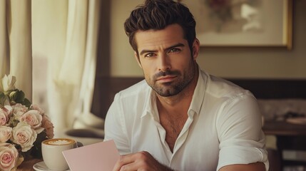 Poster - A man in a casual white shirt pensively examines a light pink notepad on a table adorned with a cup of coffee and a bouquet of roses, creating a serene atmosphere