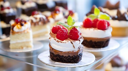 Poster - Delicious assorted mini cakes with fresh berries and chocolate decorations on display : Generative AI
