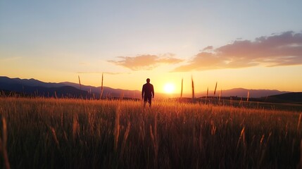 Aufkleber - Stunning Sunset Over Rolling Fields with Silhouetted Person Captured in Golden Light : Generative AI