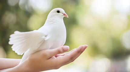 Aufkleber - Graceful white dove perched on a hand symbolizing peace and serenity in a natural setting : Generative AI