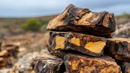Poster - Textured close up of layered stone showing earthy hues and natural beauty in a rugged outdoor setting : Generative AI