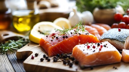 Poster - Fresh salmon fillets prepared on a wooden cutting board showcasing culinary delights and healthy eating : Generative AI