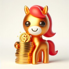 Wall Mural - Cute character 3D image of a red gold horse holding a gold stack with a happy face on a white background