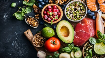 Poster - Colorful Assorted Fresh Organic Food Ingredients on Dark Background : Generative AI