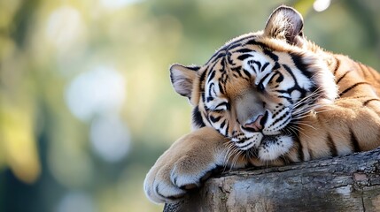 Aufkleber - Majestic tiger resting peacefully on a wooden log in a serene natural environment : Generative AI