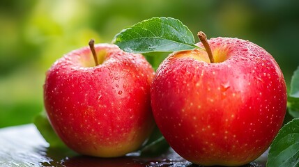 Poster - Close Up of Fresh Red Apples with Water Droplets Against Soft Green Background for Health and Nutrition : Generative AI