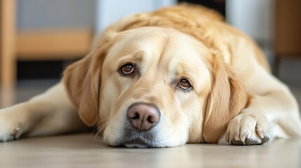 Poster - Adorable Golden Retriever Dog Relaxing on the Floor with a Hopeful Expression : Generative AI