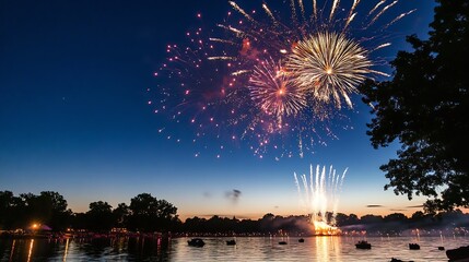 Leinwandbilder - Colorful Fireworks Display Over Water at Night Celebrating Independence and Joyful Moments : Generative AI