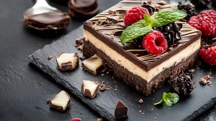 Aufkleber - Indulgent chocolate dessert with fresh raspberries and mint garnishing on a slate platter : Generative AI
