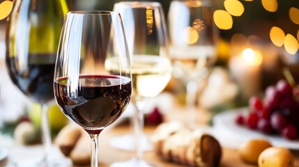 Aufkleber - Elegant Wine Glasses with Red and White Wine Set Against Festive Backdrop : Generative AI