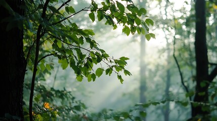 Fototapete - Serene Forest Scene with Green Leaves and Rays of Sunlight Filtering Through Trees : Generative AI