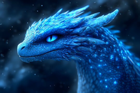Close Up Profile Of A Glowing Blue Dragon