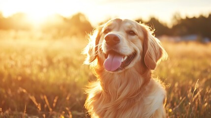 Poster - Happy Golden Retriever Dog Relaxing in a Sunny Field During Sunset : Generative AI