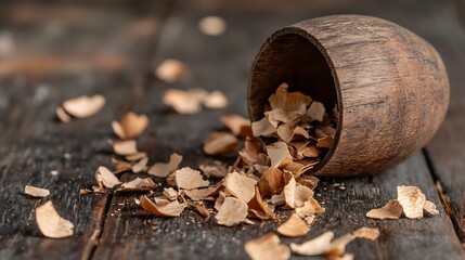 Aufkleber - Wooden Bowl with Natural Wood Chips on Rustic Table : Generative AI