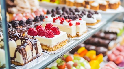 Aufkleber - Delicious assortment of vibrant cakes and desserts beautifully arranged in a bakery display : Generative AI
