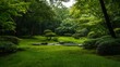 © Generative AI - Idyllic green garden with lush vegetation and a tranquil pond creating a serene oasis of natural beauty : Generative AI