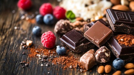 Poster - Delicious Assortment of Chocolate and Berries on Rustic Wooden Table : Generative AI